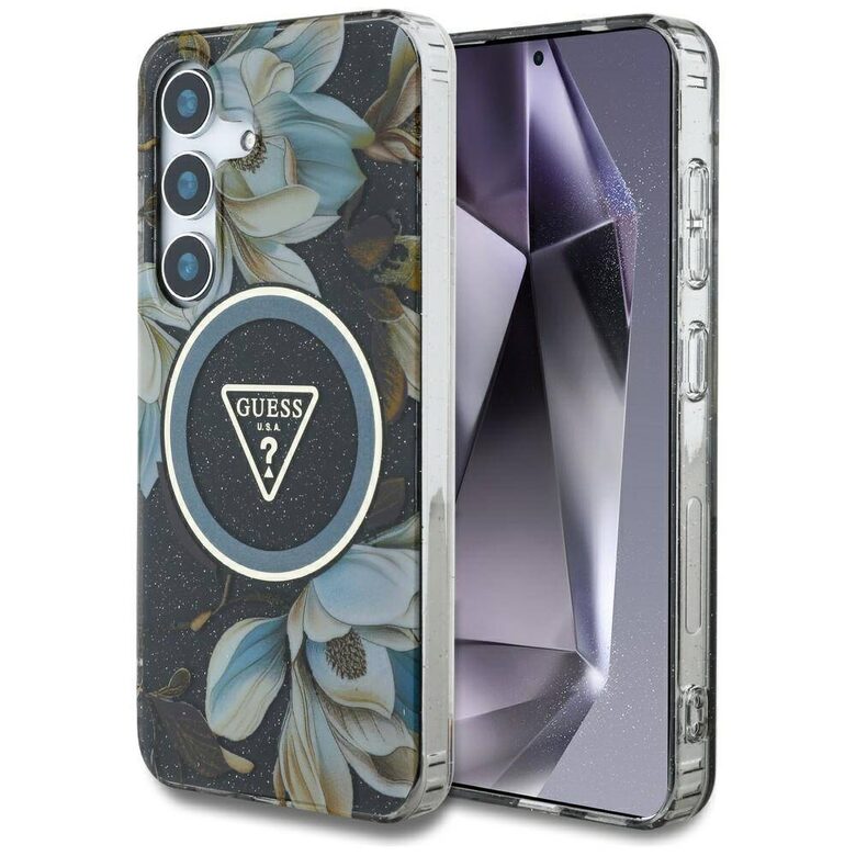 Dėklas SAMSUNG GALAXY S25 Guess Glitter Flowers Triangle Buttons MagSafe juodas