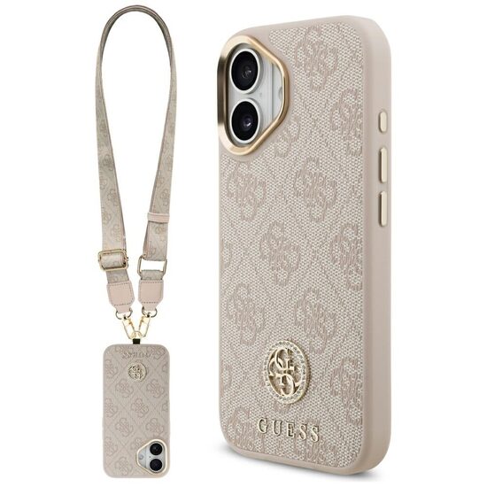 Dėklas GUESS 4G Strass Logo & Big Strap Metal Buttons MagSafe for iPhone 17 rožinis