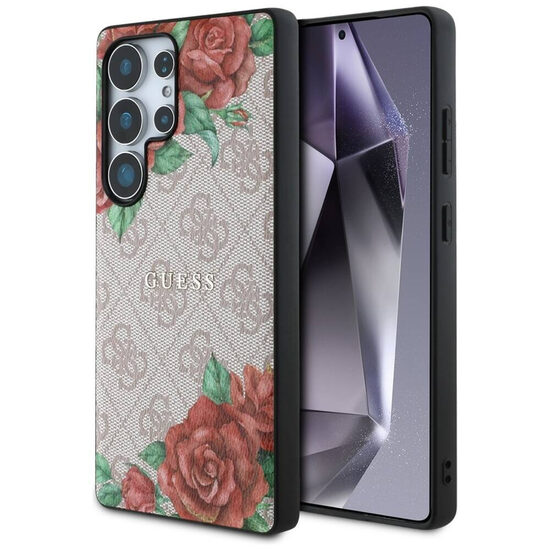 Dėklas SAMSUNG GALAXY S25 ULTRA Guess Leather 4G Flowers Print Metal Classic Logo MagSafe rožinis