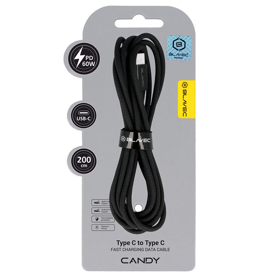 „Blavec Candy“ pintas kabelis – C-Type į C-Type – PD 60W 3A (200 cm) „Apple CarPlay“ / „Android Auto“