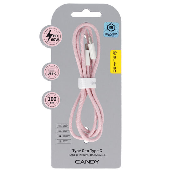 „Blavec Candy“ pintas kabelis – C-Type į C-Type – PD 60W 3A (100 cm) „Apple CarPlay“ / „Android Auto“ 