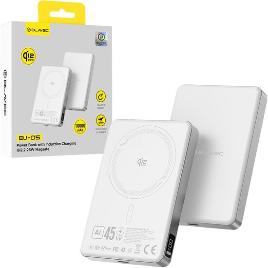 Išorinė baterija 10000mAh BJ-05, itin greita, 16 mm, C tipo, Qi2.2, 25 W + PD, 45 W, magnetinė indukcija, „Magsafe 2 in 1“ (PBBJ05-QI22MC10B)