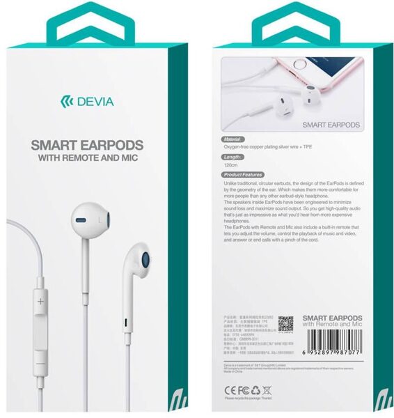 Laidinės audinės Devia Smart EarPods 3,5mm balta